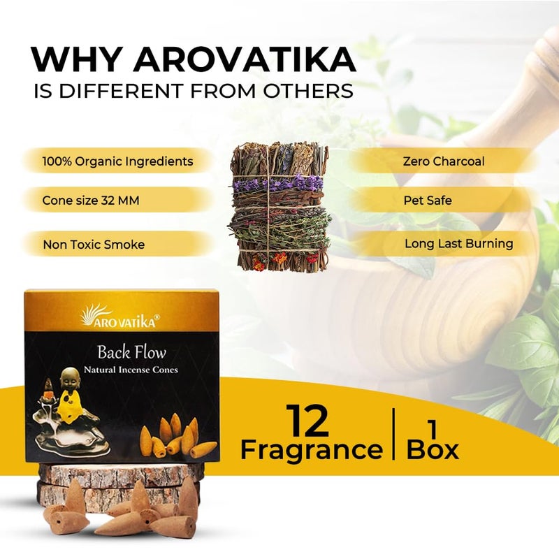 ARO VATIKA Backflow Natural Masala 120 Incense Cones | Pack of 11 Different Assorted Fragrances | for Home Fragrance & Prayers | Size 32mm | Burn Time- Approx 18 Minutes - Image 4
